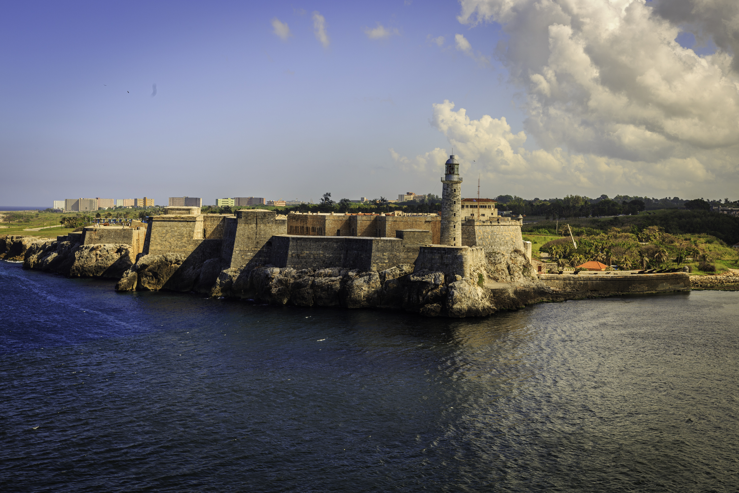 The historic stone fort and lighthouse at the entrance to Havana Harbor
