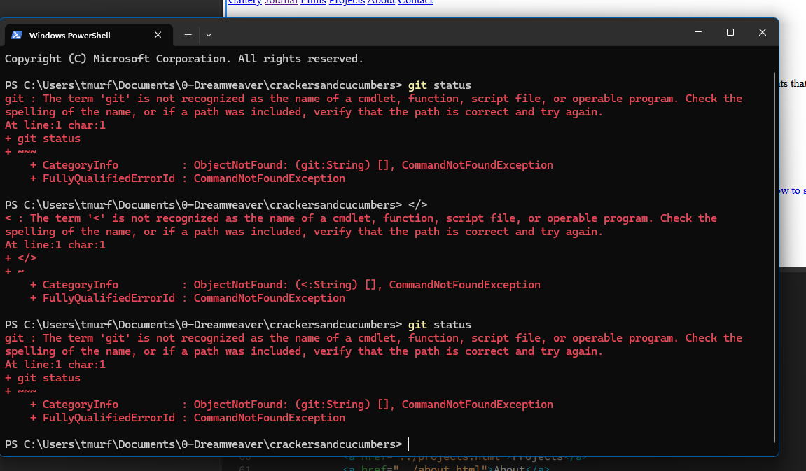 Windows PowerShell showing that Git was not installed during website development